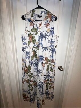 Rachel Zoe White Tropical Print Midi Dress with Blue and Green